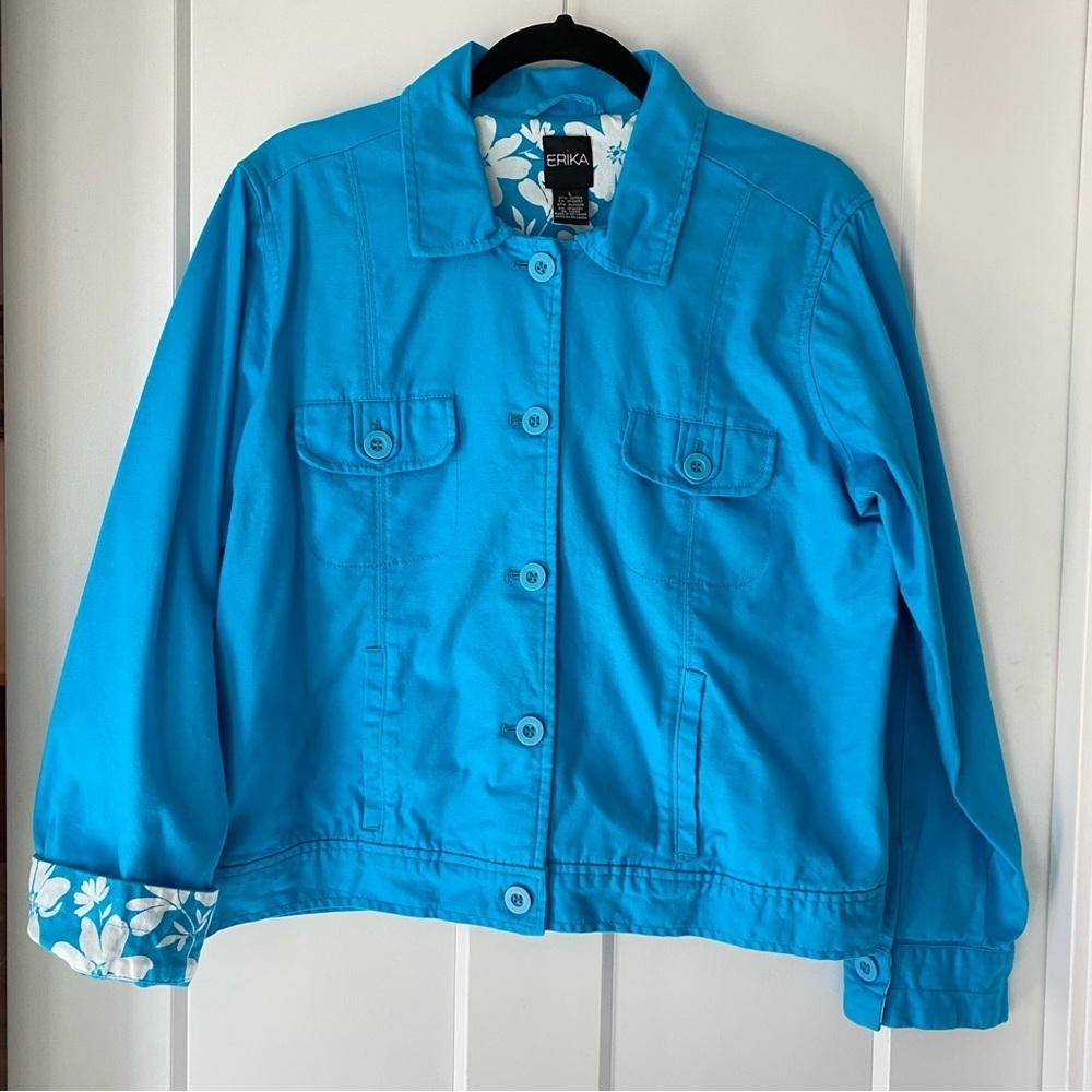 ERIKA Turquoise Blue Women's size Large Jacket Floral turnback Cuff 90's VINTAGE